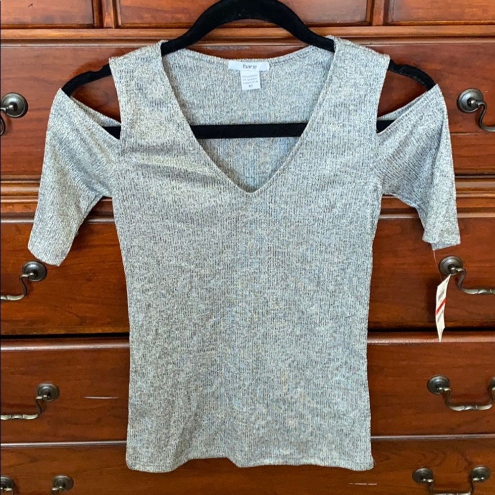 Bar III Metallic Gray Cold Shoulder V-Neck Top XS NWT